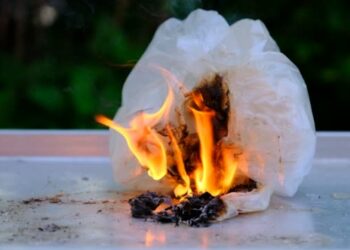 A fire burning a plastic bag